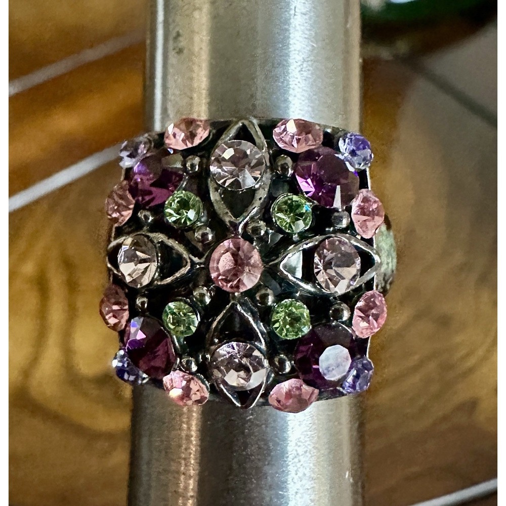 Vintage Cocktail Ring Size 8 Floral Multicolor Rhinestones Charcoal Gunmetal‎